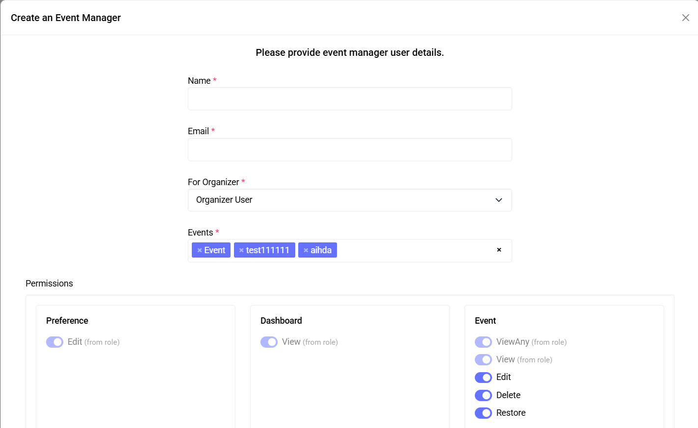 Event Manager Listing
