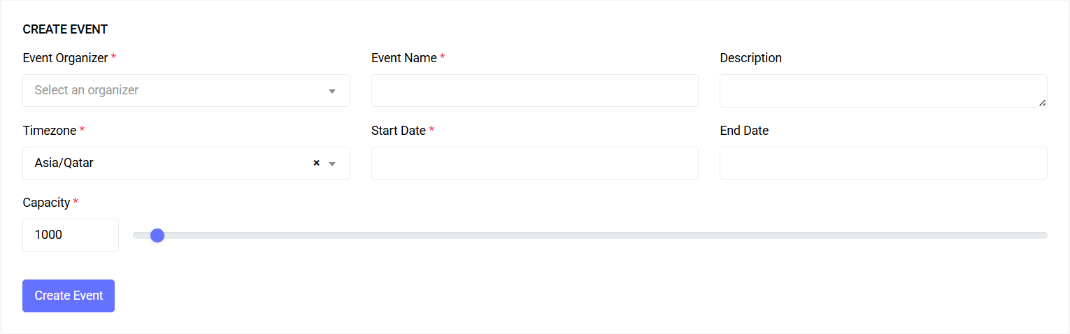 Create Event form with fields for name, timezone, dates, capacity and confirmation emails