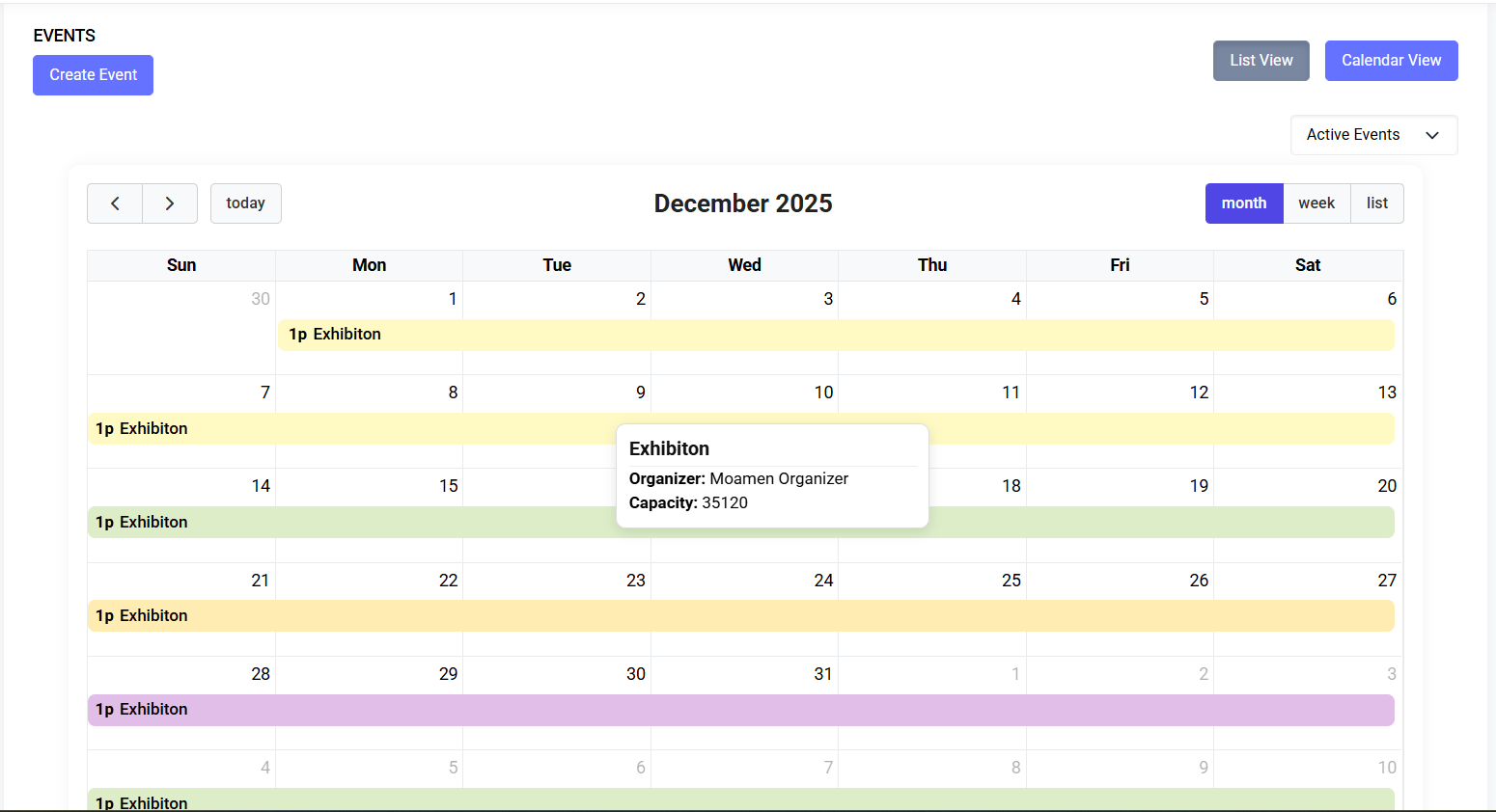 Calendar view of events with monthly grid and colored entries