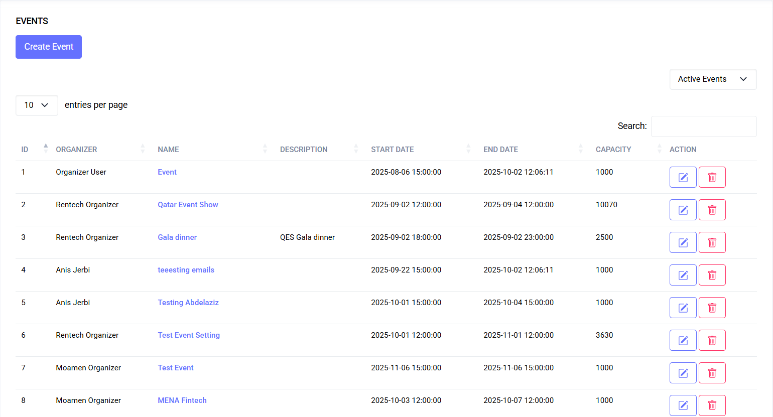 Events list page showing table with filters and Create button