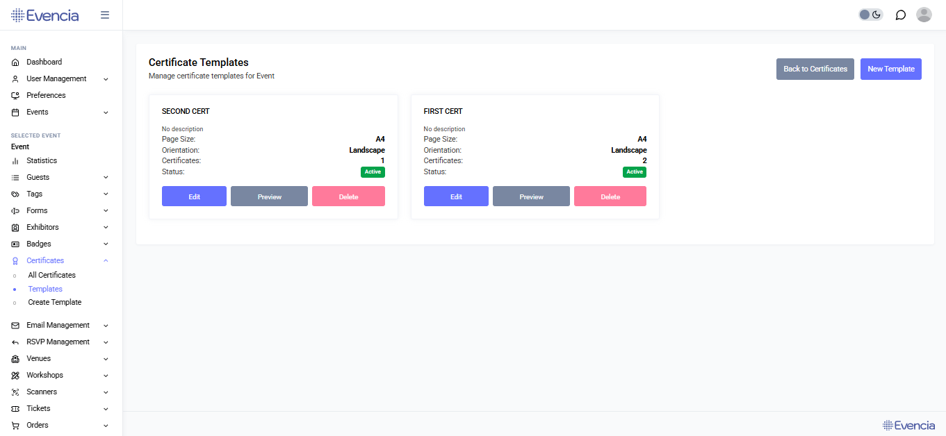 Certificate templates list