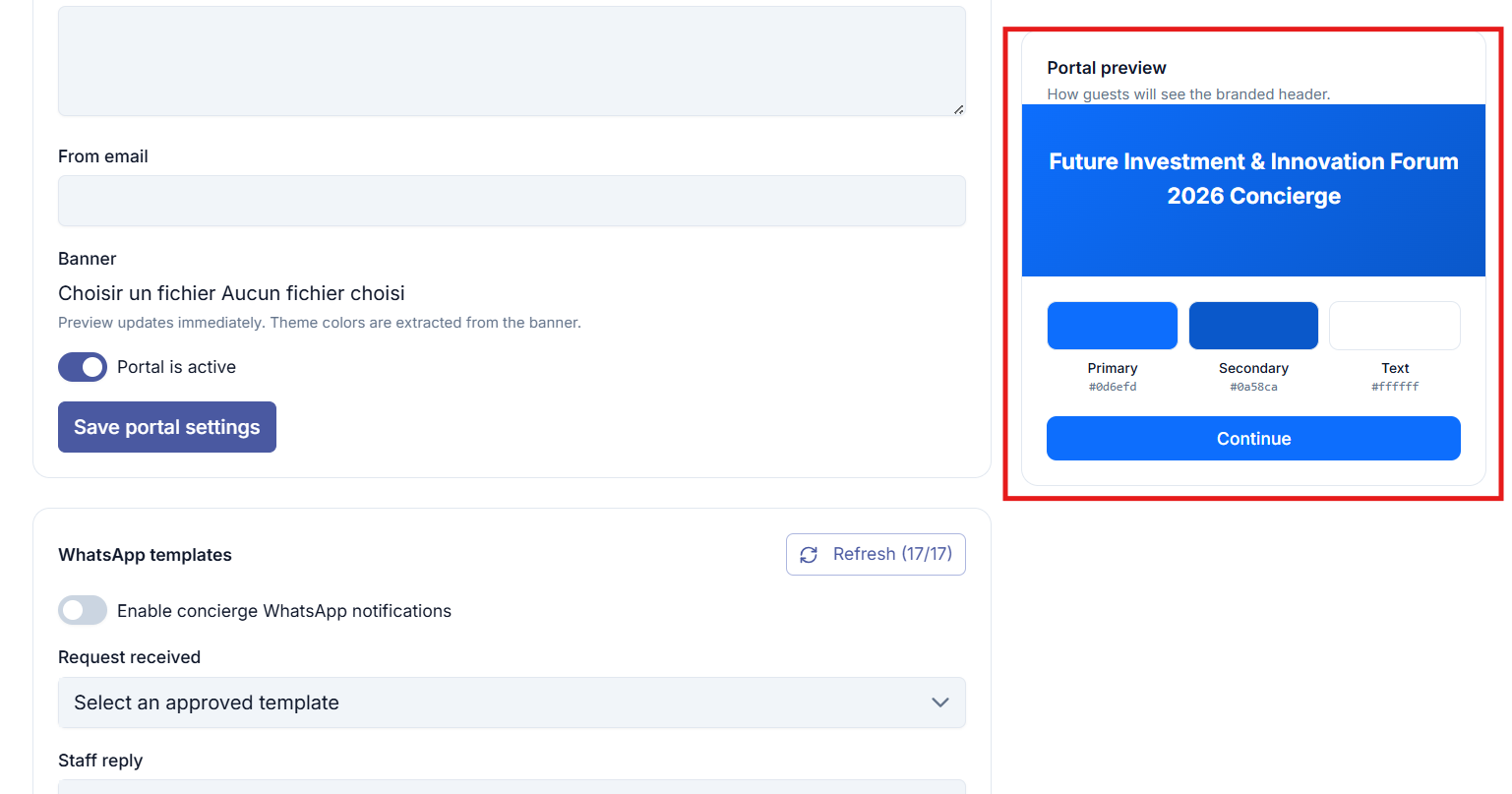 The branding form with the portal preview panel showing a banner and extracted colors