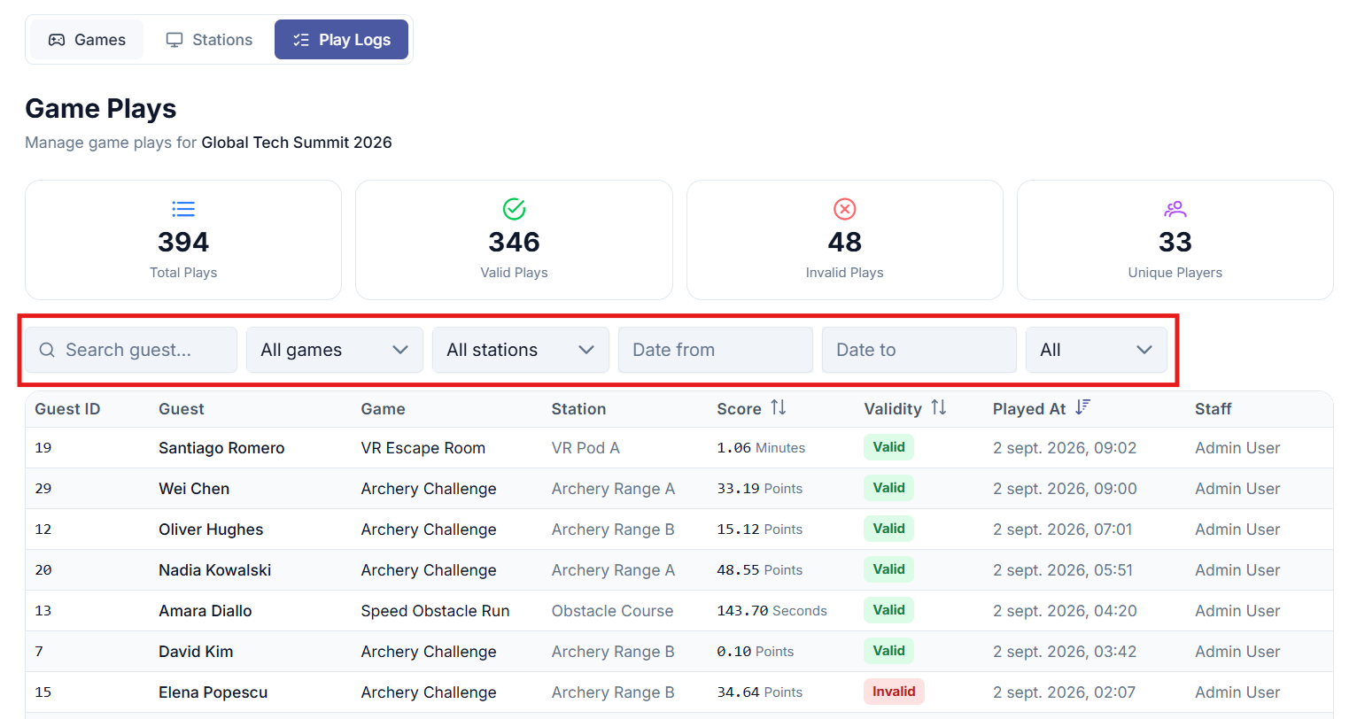 Play Logs Filters
