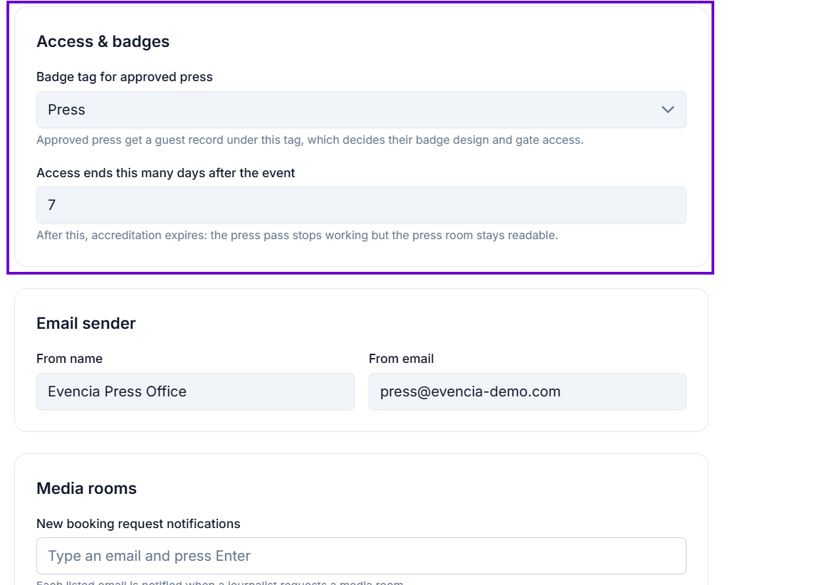 Access and badges section showing the badge tag dropdown and expiry days field