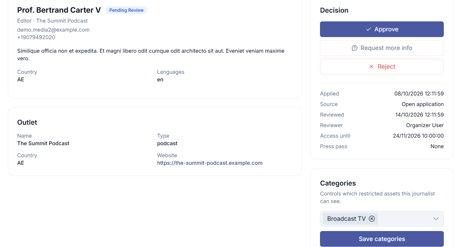 Applicant detail view showing profile information and action buttons