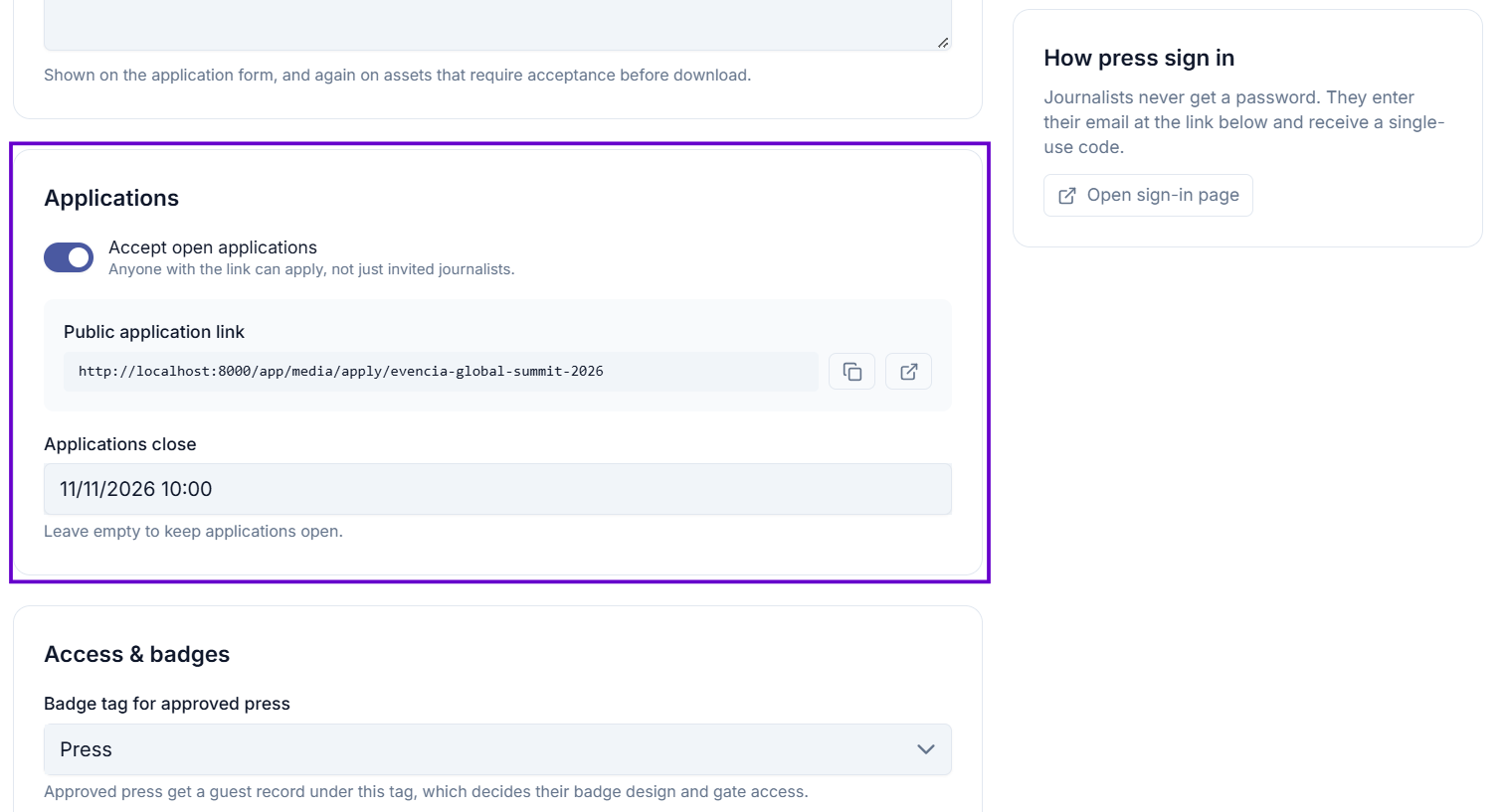 Applications section with the open applications toggle on and public link visible