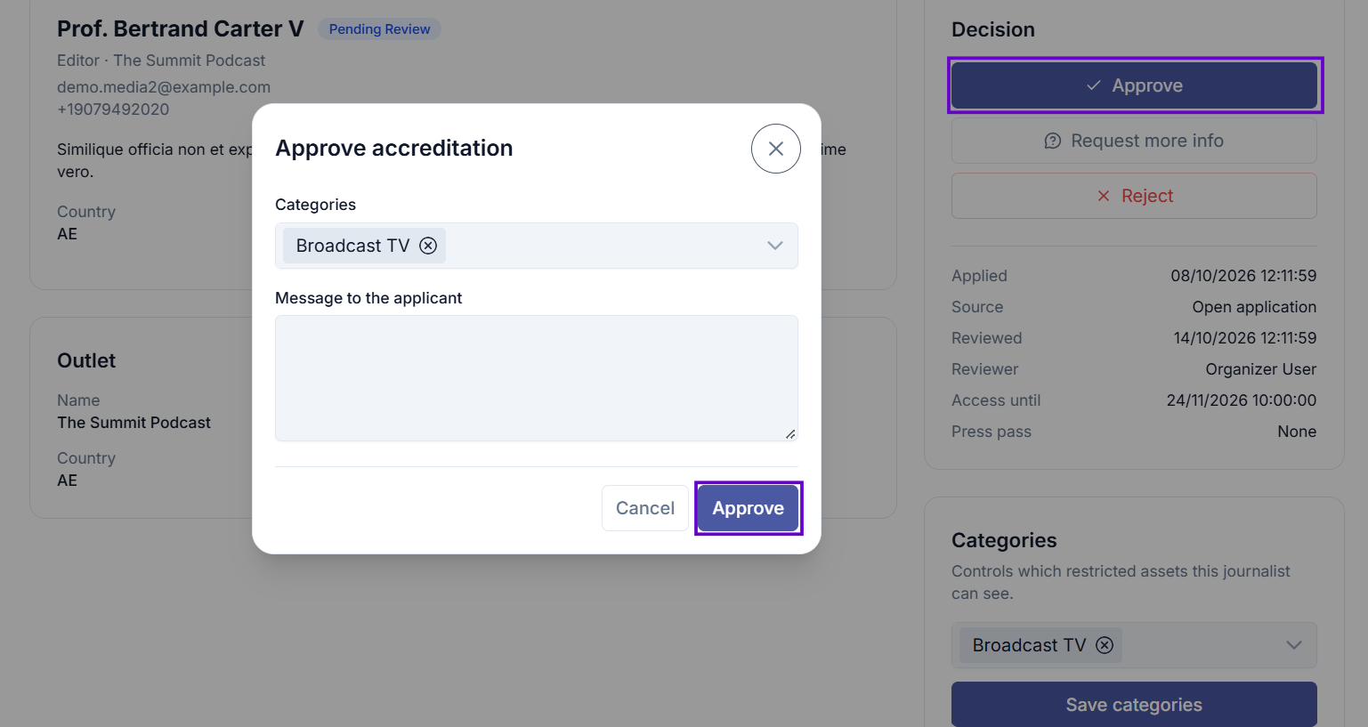 Approve confirmation dialog showing the note field and category selection