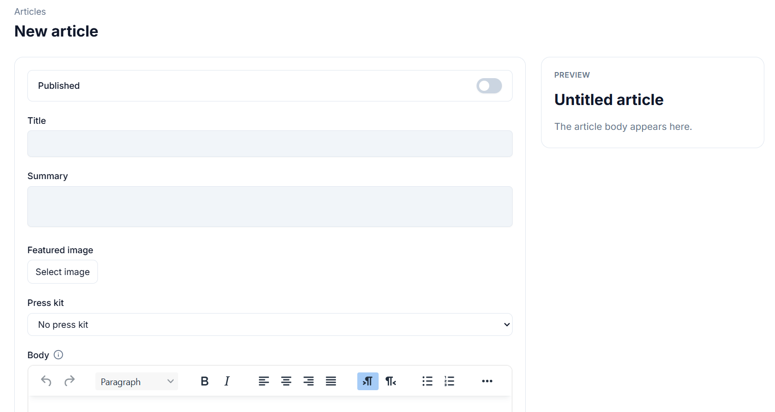 Article editor showing the title, summary, rich text body, and featured image picker