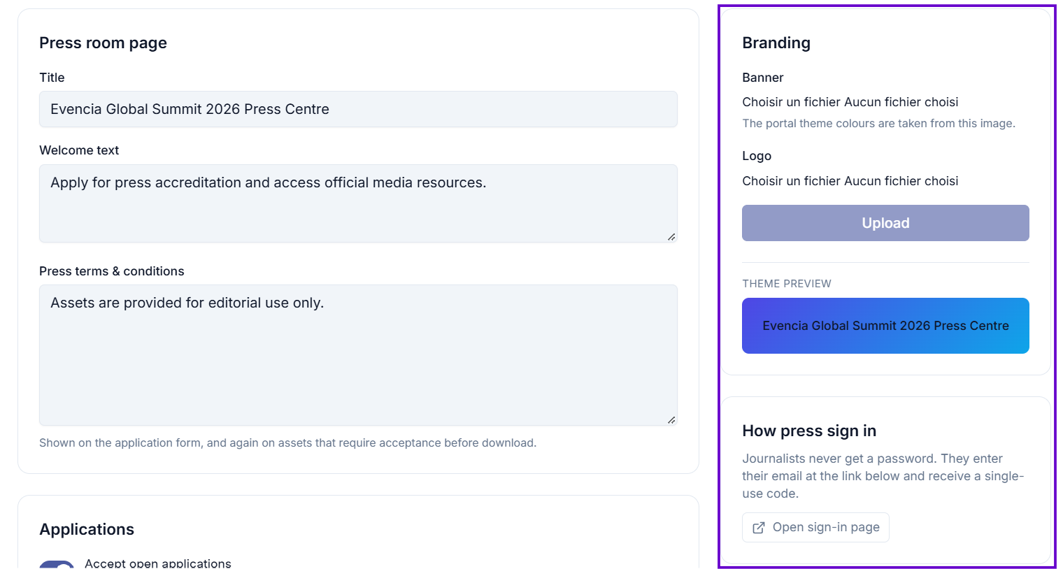 Branding section showing an uploaded banner, logo, and Theme preview