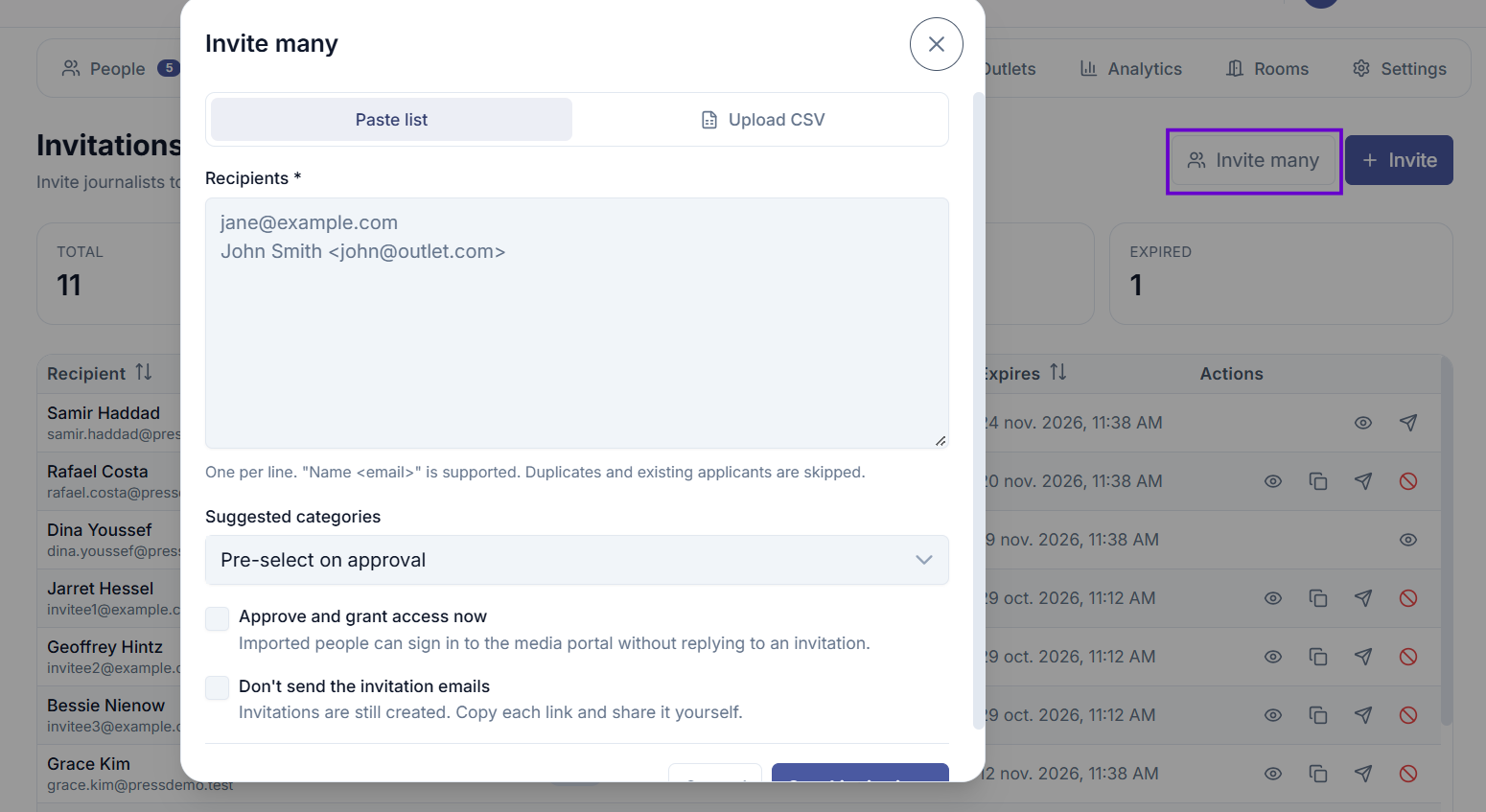 Bulk invite dialog showing the paste-addresses tab