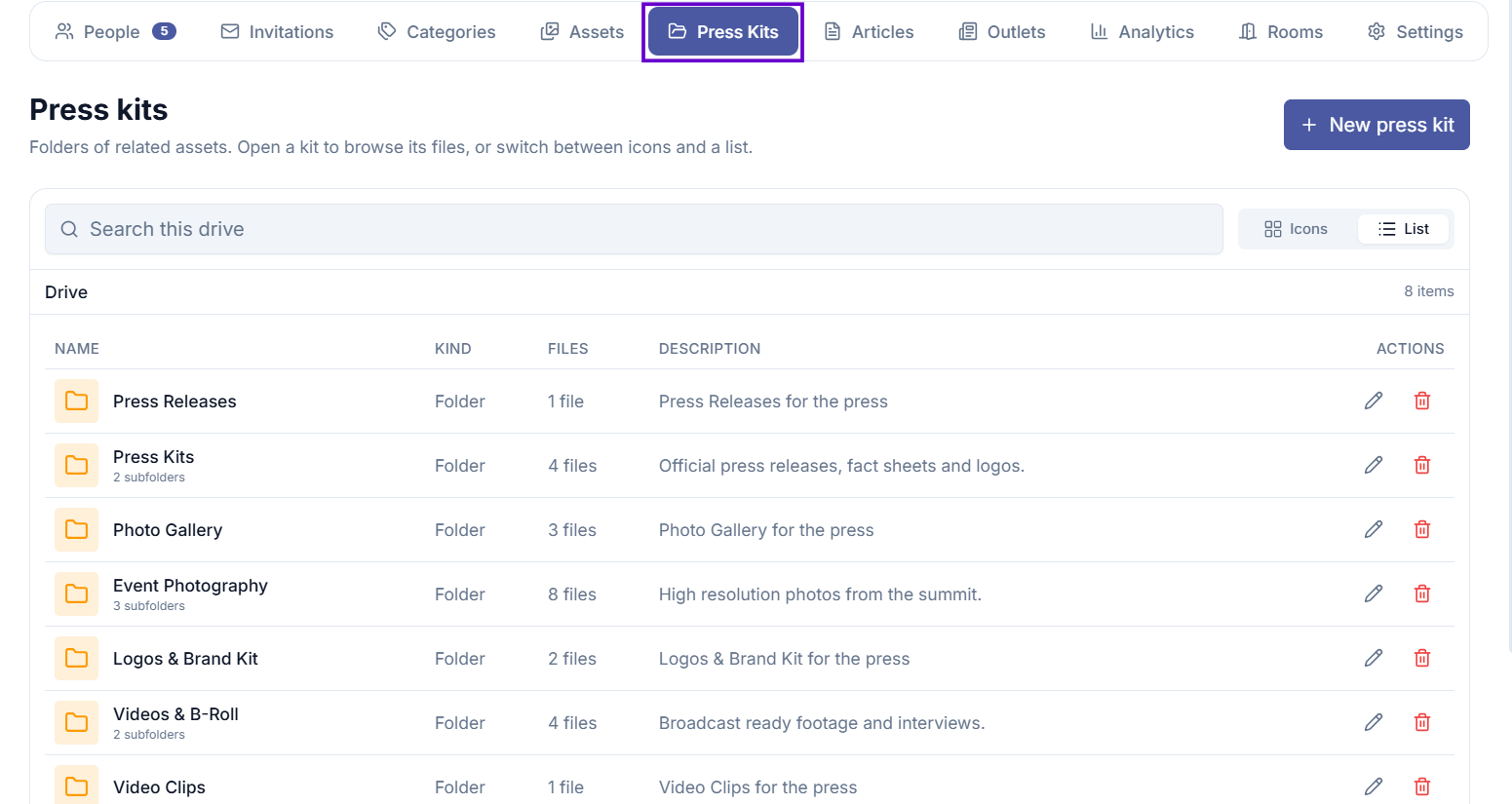 Collections list showing press kits with cover image, name, and asset count