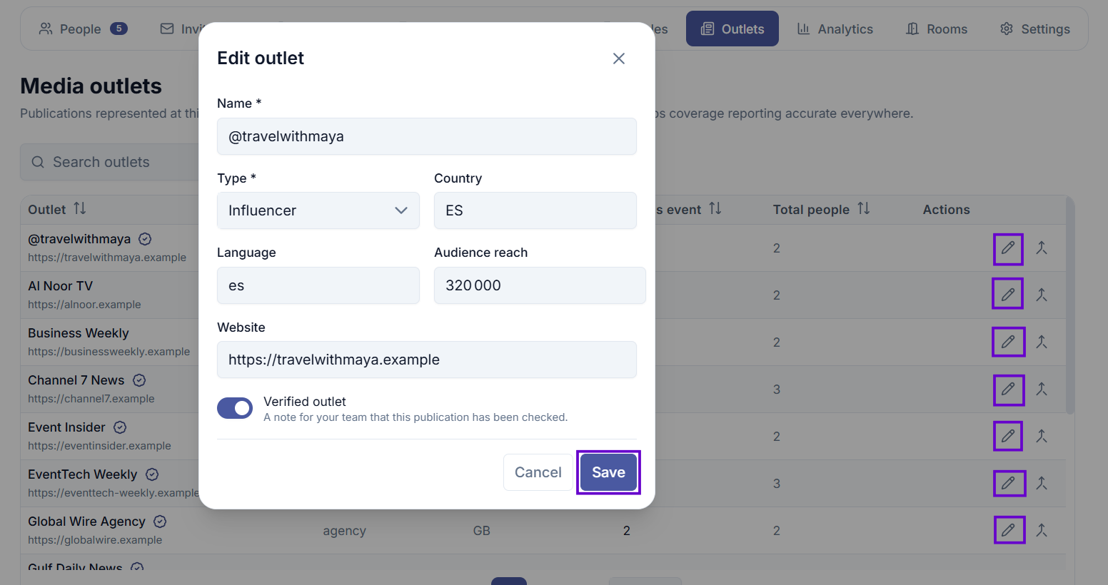 Edit outlet form showing all fields