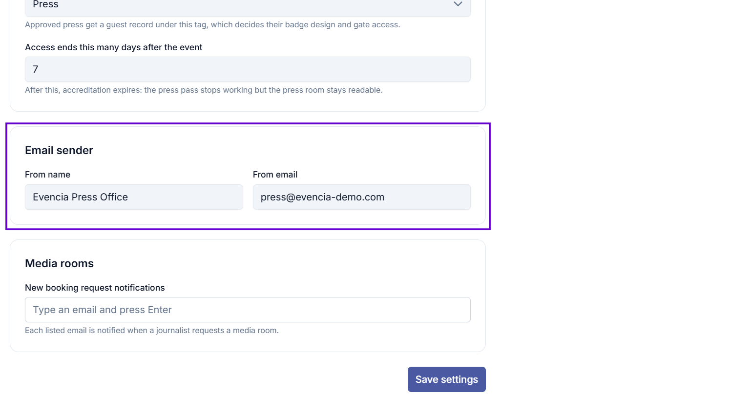 Email sender section showing the From name and From email fields