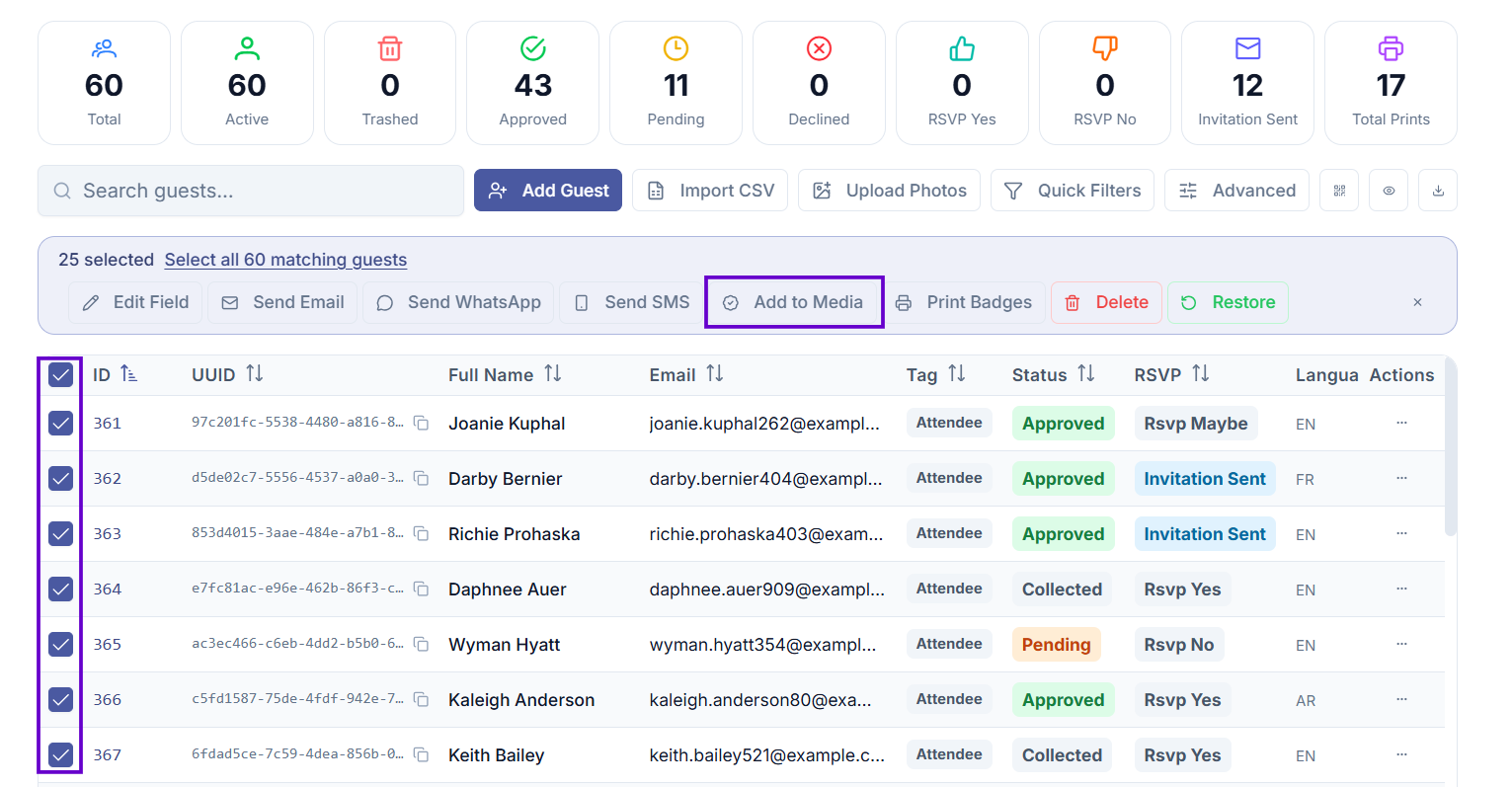 Guest list with the "Add to media" action, single row and bulk toolbar
