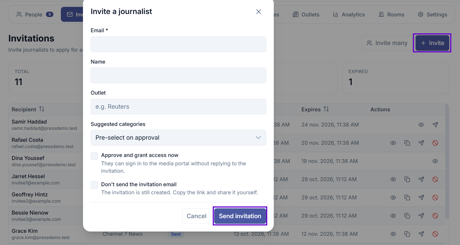 Invite journalist form showing the email, name, outlet, and category fields