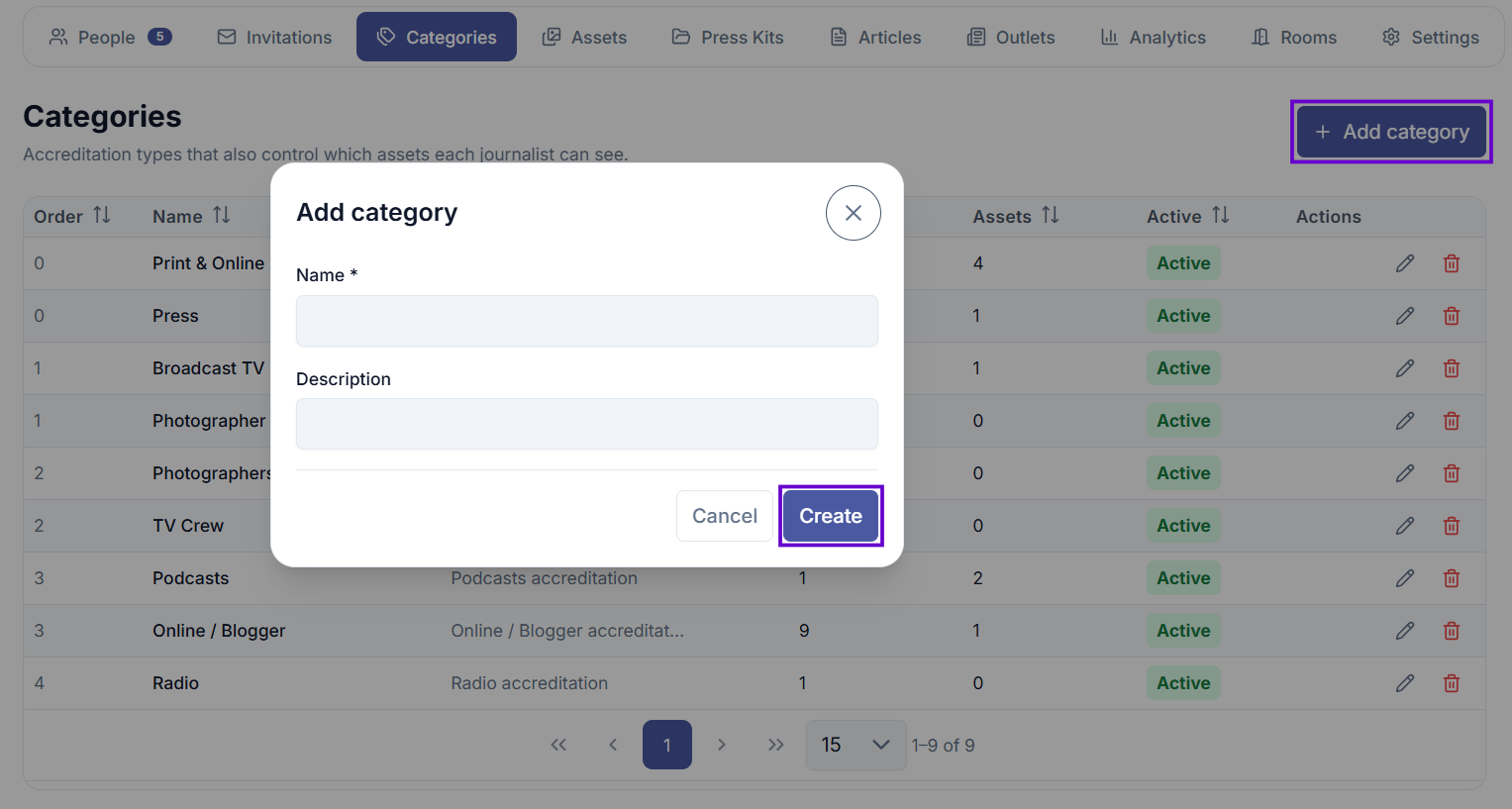 New category form showing the name and description fields