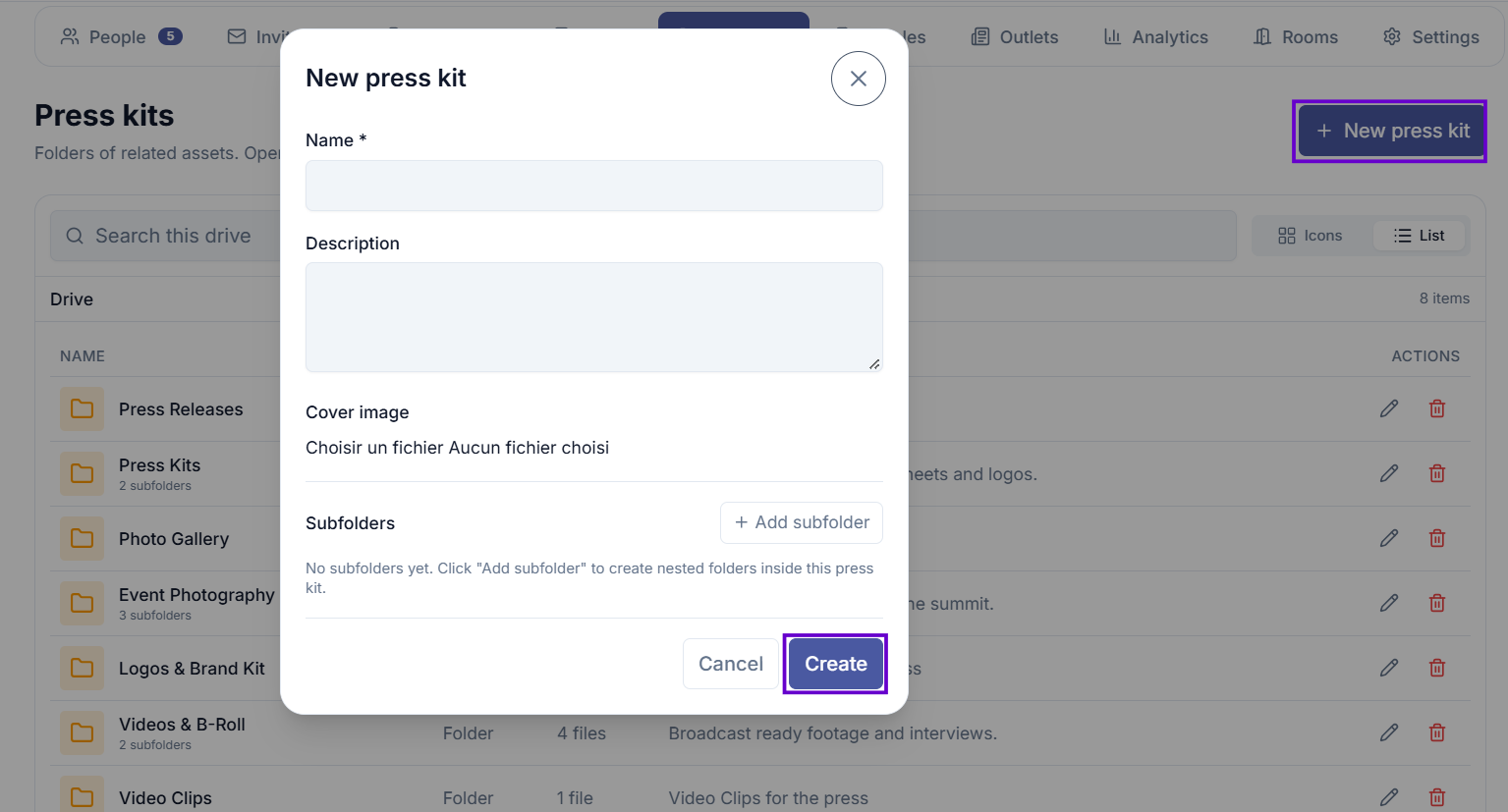 New press kit form showing name, description, and cover image fields