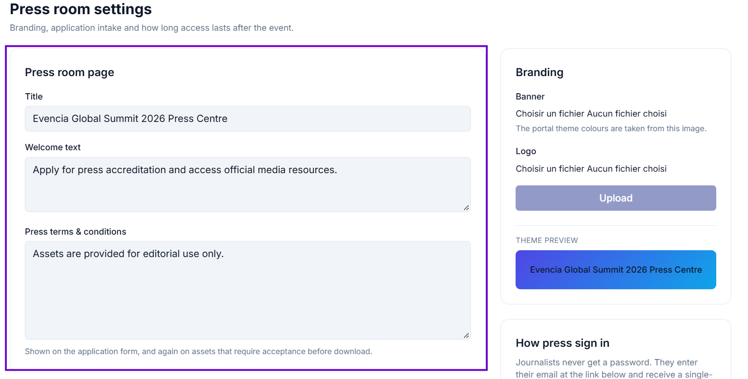 Press room page section showing Title, Welcome text, and Press terms fields
