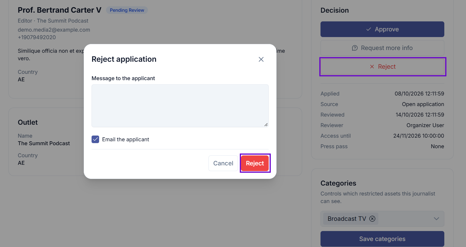 Reject confirmation dialog showing the note field and the notify toggle
