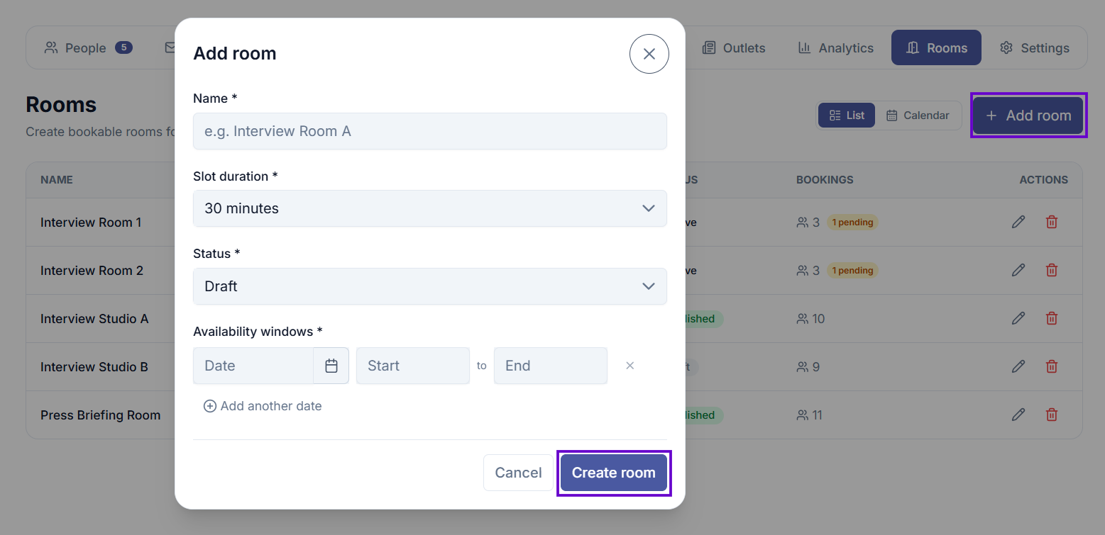 New room form showing name, slot duration, status, and availability windows