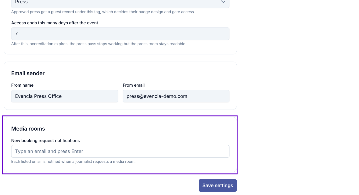Interview room notifications field showing the list of staff email addresses