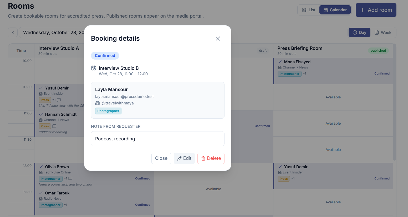 Rooms calendar view showing all rooms' booked and open slots across dates