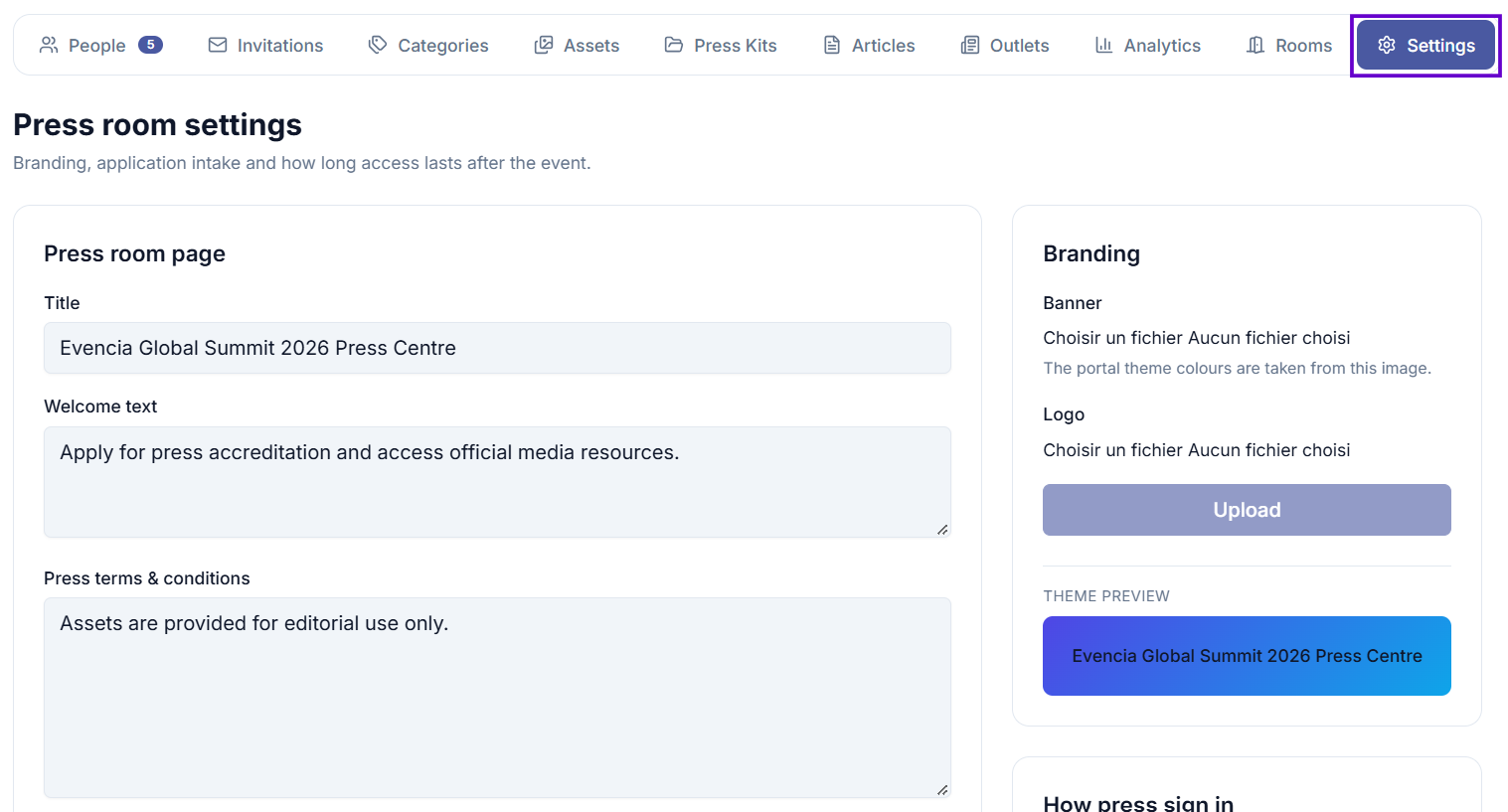 Settings page showing all sections