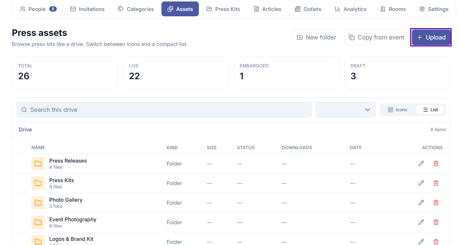 Assets list — Upload button