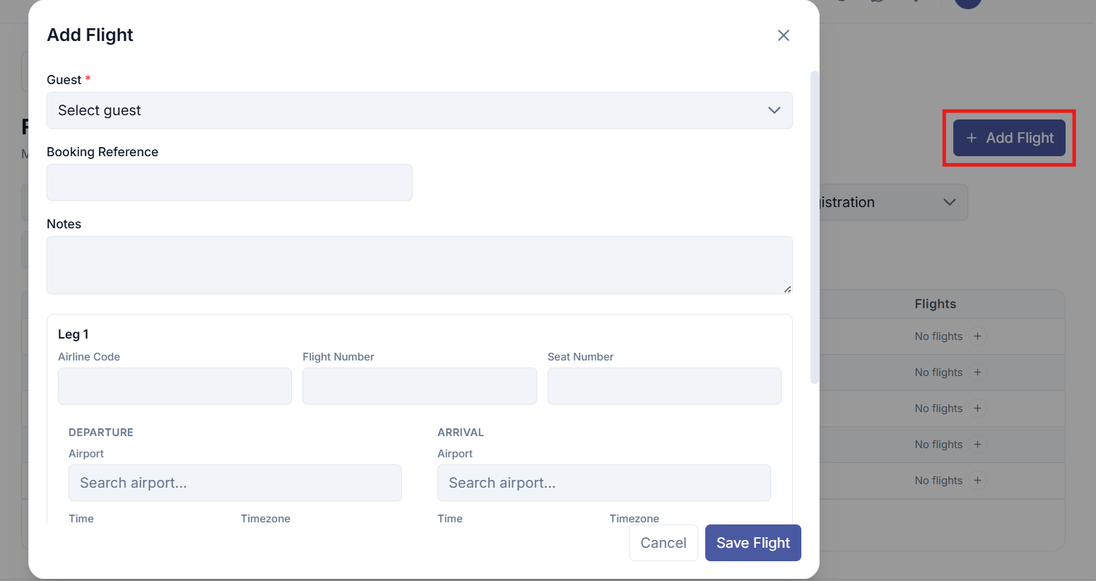 Add Flight button in the top-right corner