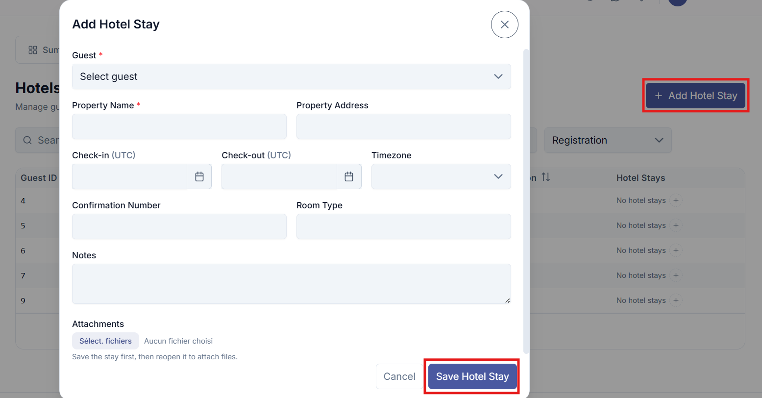 Add Hotel Stay button in the top-right corner