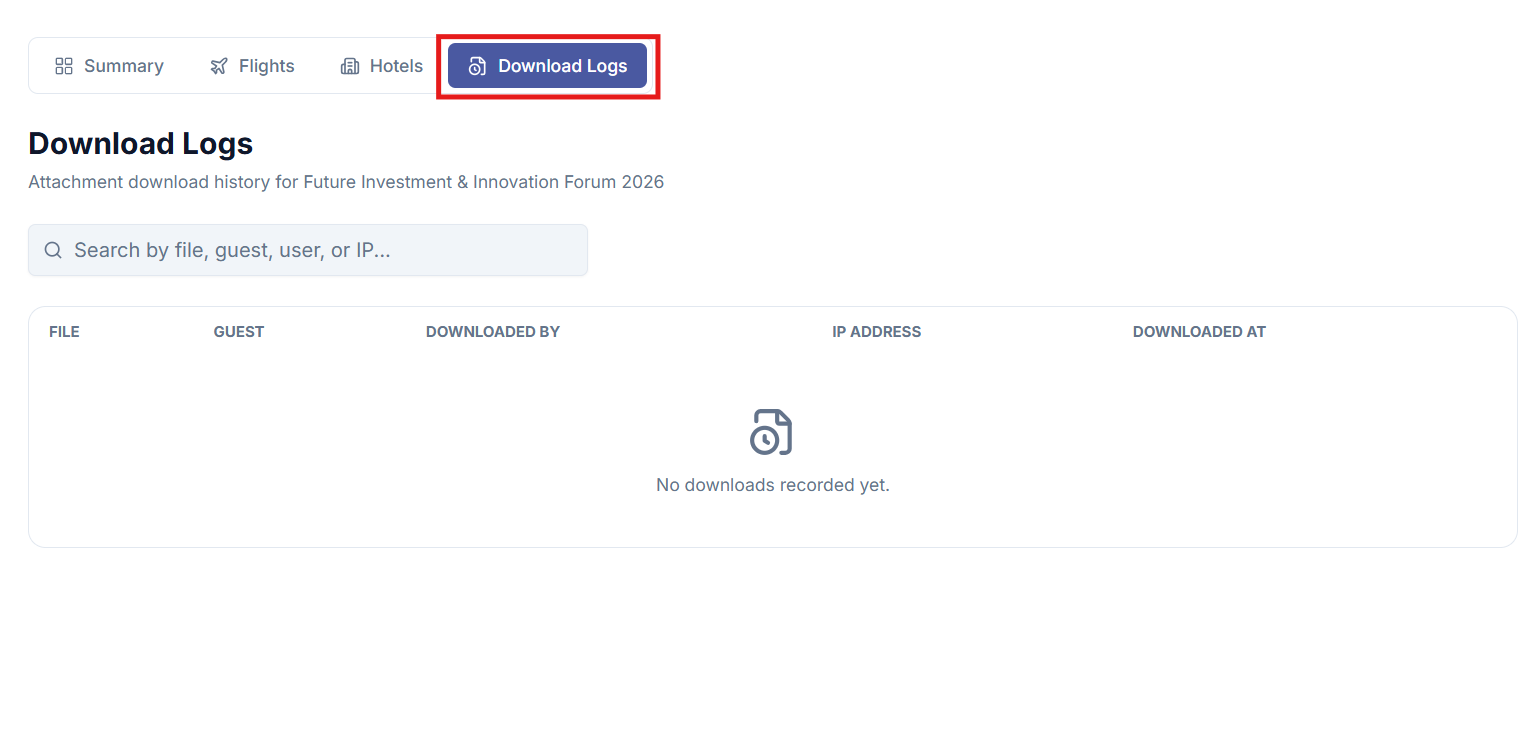 Download Logs tab selected in the Travel navigation bar